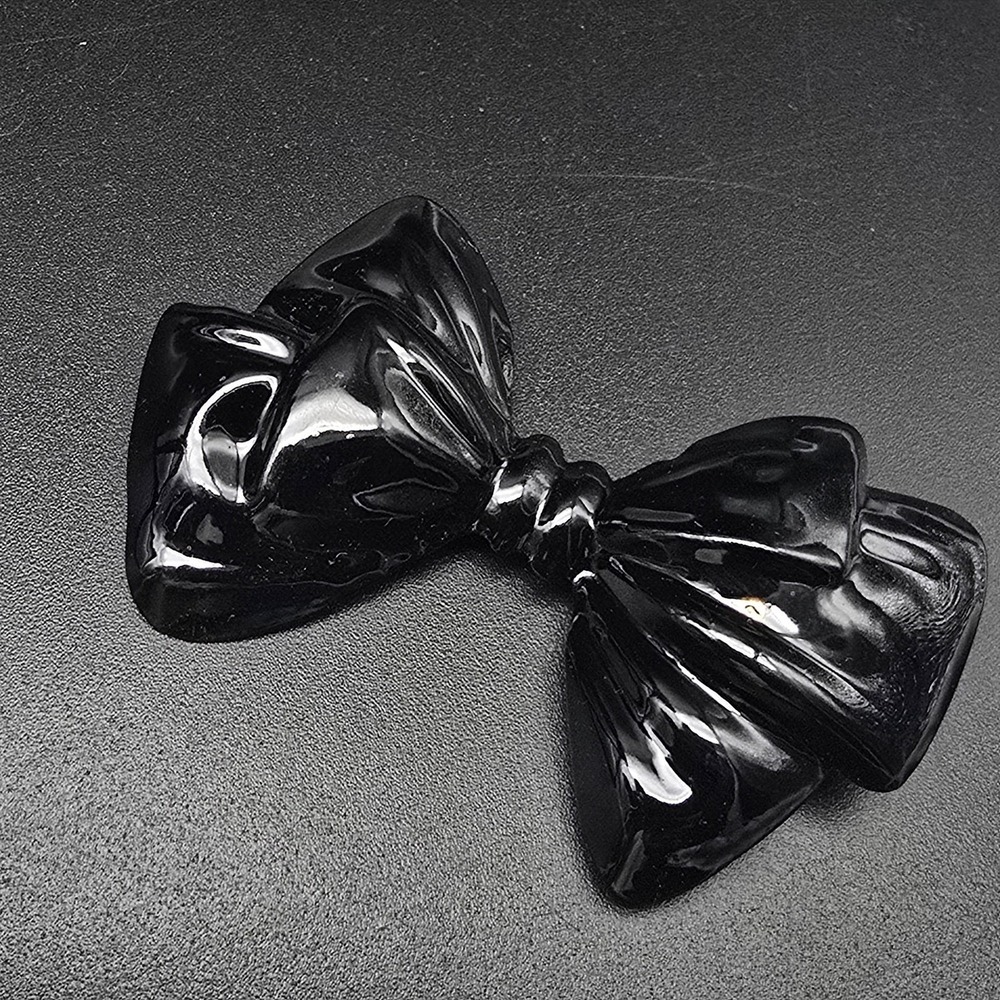 Black Enamel Metal Bow Brooch Vintage Costume Jewelry